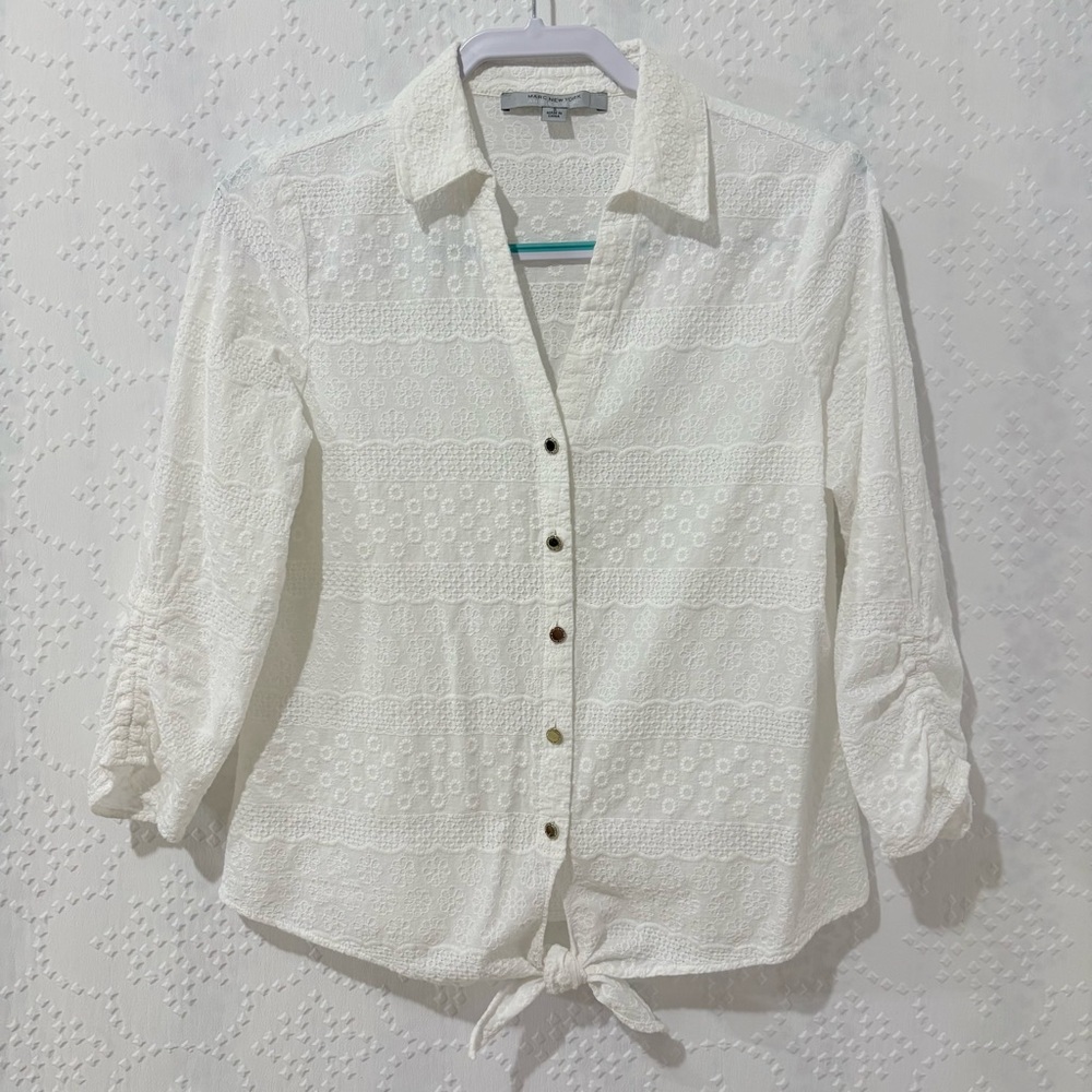 Cottagecore Eyelet Lace Button Down Tie Front Romantic Boho Blouse White